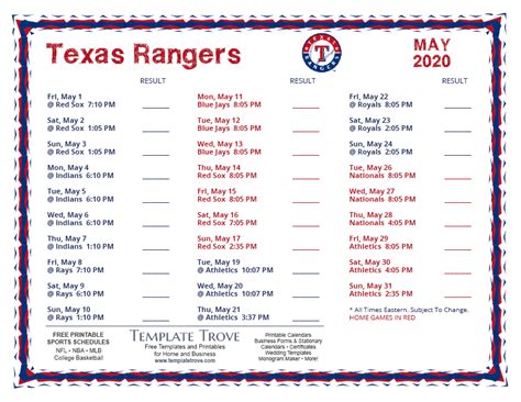 texas rangers schedule printable 2020